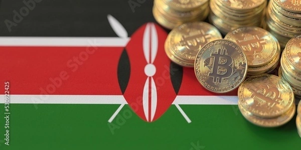Fototapeta Flag of Kenya and many bitcoins. National cryptocurrency regulations concept, 3d rendering