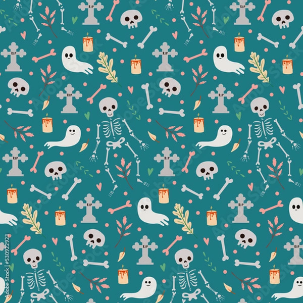 Fototapeta White skeleton and ghosts on green vector seamless pattern. Halloween background for decoration