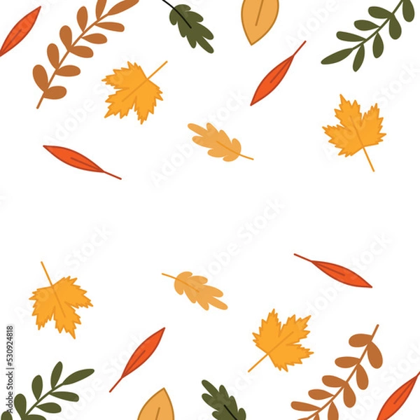 Fototapeta Autumn mood greeting card poster template. Welcome fall season thanksgiving invitation. Minimalist postcard nature leaves, trees, pumpkins, abstract shapes. Vector illustration in flat cartoon style
