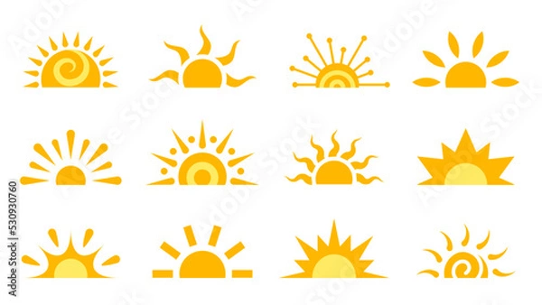 Fototapeta Half sun flat icon set. Logo sunrise sunset isolated on white. Various yellow sunshine star. Cartoon summer sunlight nature sky. Simple graphic solar circle sign. Sunny heat rays weather app symbol