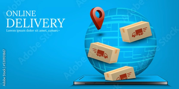 Fototapeta Online delivery smartphone service gps navigation map and parcel boxes with delivery truck icon