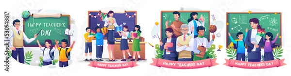 Fototapeta Set of Teacher's Day with A group of teachers from various subjects gather to celebrate teacher's day vector illustration