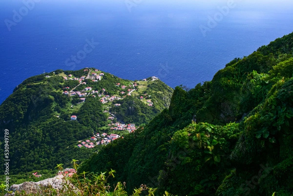 Fototapeta Aerial view of Windwardside village from the Mount Scenery volcano on the Caribbean island of Saba in the Netherlands Antilles.