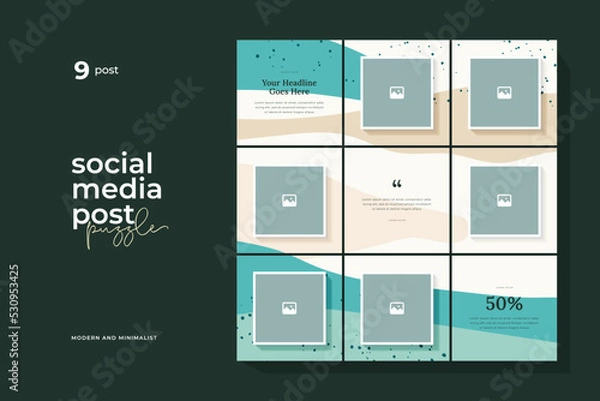 Obraz Instagram puzzle template, abstract element instagram post design, pastel background, instagram puzzle feed pack template.	