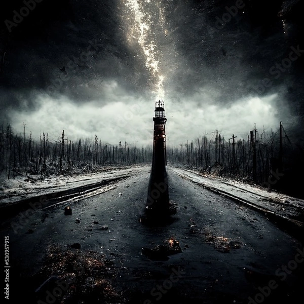 Fototapeta The light at the end of the world. Album cover art. Mystic. Gothic. Doom. Monochrome. Abstract background. Fantastic 3D rendered digital illustration.
