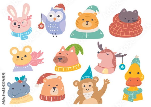 Fototapeta Set of Set of Cartoon Christmas Animal Vector Clip Art
