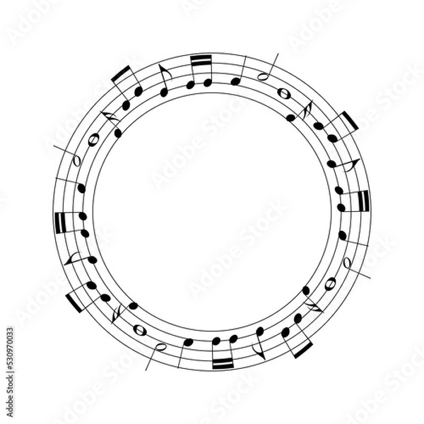 Fototapeta black music staff and various notes round frame on white background. Musical notes melody vector illustration