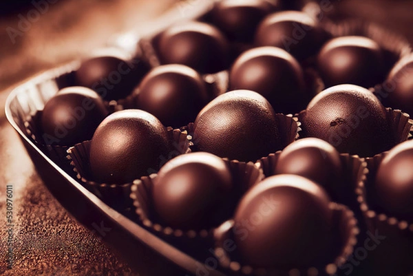 Fototapeta Mix of delicious sweet luxury chocolates and praline, digital illustration, digital painting, cg artwork, realistic illustration, 3d render