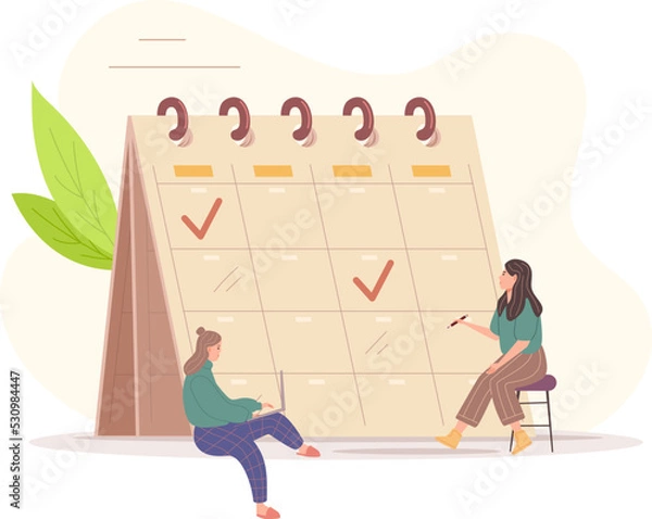 Fototapeta Two business women planning daily, week schedule. Girls sitting near huge calendar making notes, planning event, deadline and agenda. Time management, event appointment flat vector
