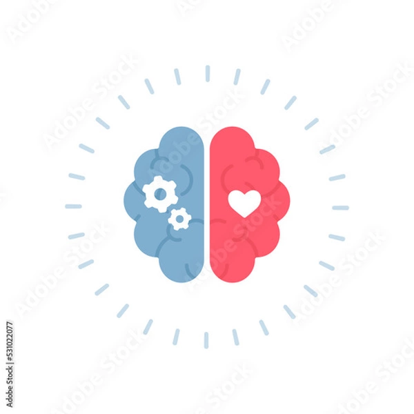 Obraz Mental health, eq and emotional regulation concept. Vector flat design healthcare illustration. Human brain with half of rational gear and emotional heart shape symbol isolated on white background.