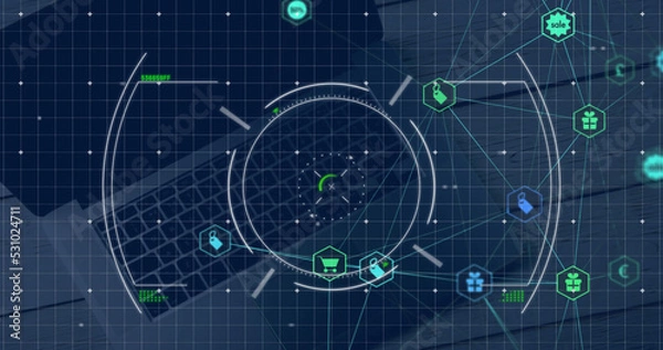 Fototapeta Image of network of connections over laptop and scope scanning