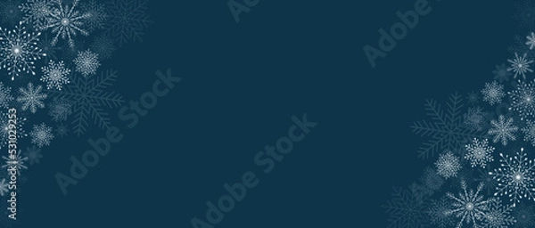 Fototapeta Winter navy blue background with snowflakes. Silver snowflakes on dark background. Luxury vector snowflakes scattered horizontal banner for sale, social media and more. Copy space for your text.