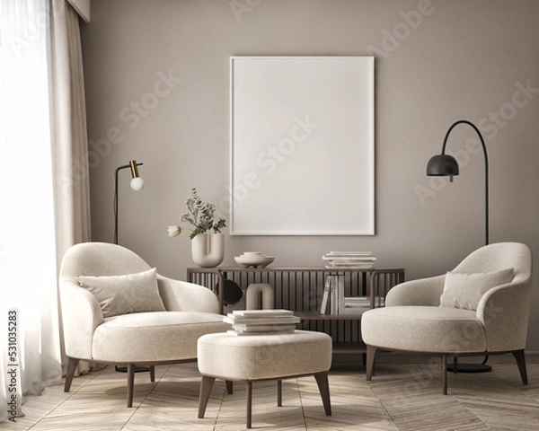 Fototapeta mock up poster frame in modern interior background, living room, Scandinavian style, 3D render, 3D illustration