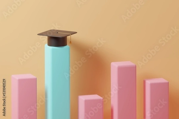 Fototapeta 3D rendering black graduation cap on the top a highest blue bar chart on orange background. Education is important concept
