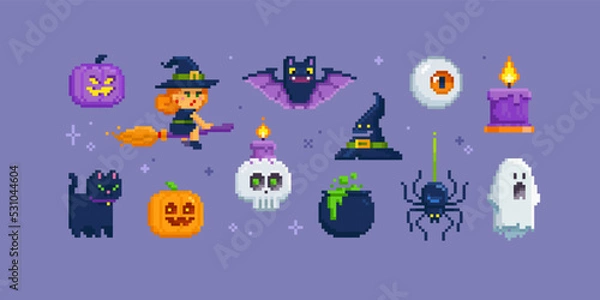 Fototapeta Pixel art Happy halloween items set. Witch, ghost, night cat, spider, skull, pumpkin, bat, ghost. Halloween icons and symbols in retro 8-bit game style
