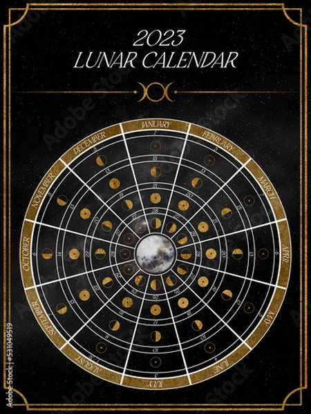 Fototapeta Round Lunar Calendar 2023 Southern Hemisphere. Beautiful moon calendar with main lunar phases with golden texture.