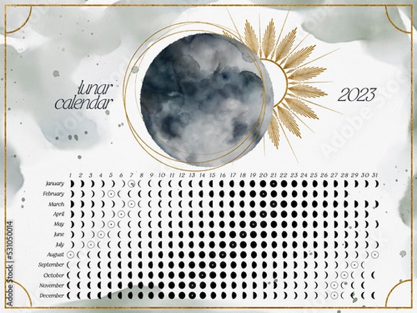 Fototapeta Horizontal Lunar Calendar 2023 for Southern Hemisphere. Moon Calendar with watercolor lunar phases and golden elements