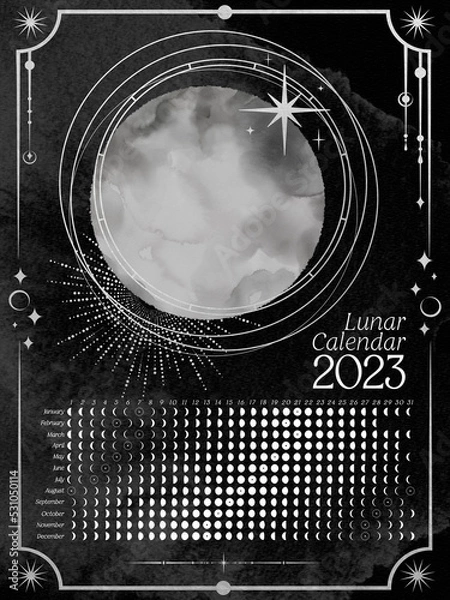 Fototapeta Dark Vertical Lunar Calendar of 2023 for Northern Hemisphere. Moon calendar with watercolor moon and silver elements