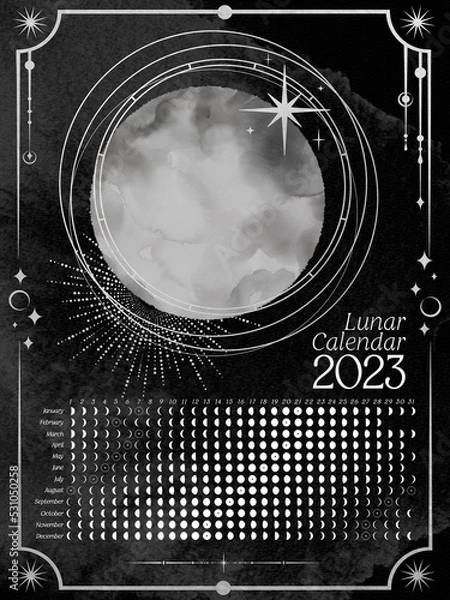 Fototapeta Dark Vertical Lunar Calendar of 2023 for Southern Hemisphere. Moon calendar with watercolor moon and silver elements
