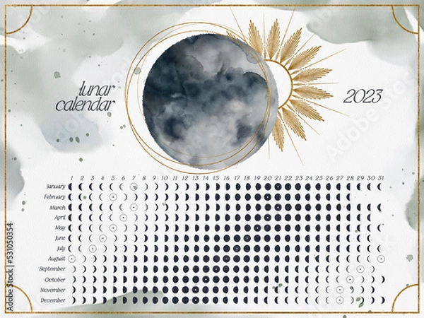 Fototapeta Horizontal Lunar Calendar 2023 for Northern Hemisphere. Moon Calendar with watercolor lunar phases and golden elements