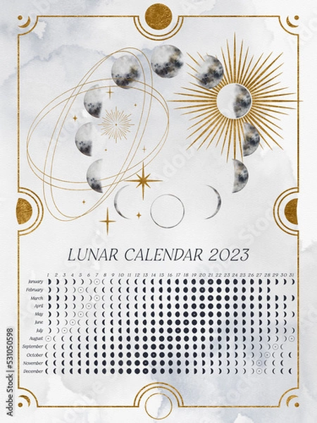 Fototapeta Vertical Lunar Calendar of 2023 for Southern Hemisphere. Moon calendar with watercolor lunar phases and golden elements