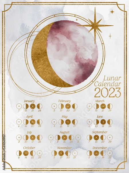 Fototapeta Lunar calendar for 2023 in Northern Hemisphere. Moon calendar with watercolor moon and moon phases with golden texture
