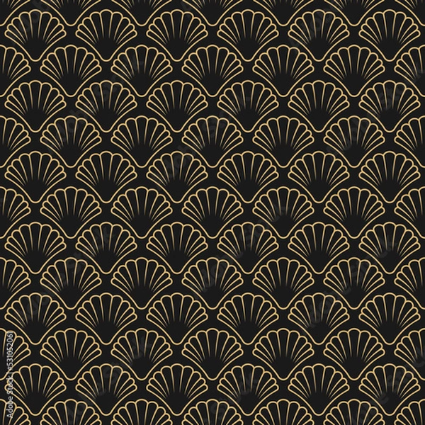 Obraz Seamless golden pattern with sea shell on black background.