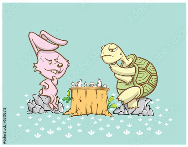 Fototapeta Rabbit and turtle are playing a chess game