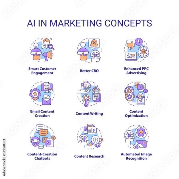 Fototapeta AI in marketing concept icons set. Digital technology for business. Innovations idea thin line color illustrations. Isolated symbols. Editable stroke. Roboto-Medium, Myriad Pro-Bold fonts used
