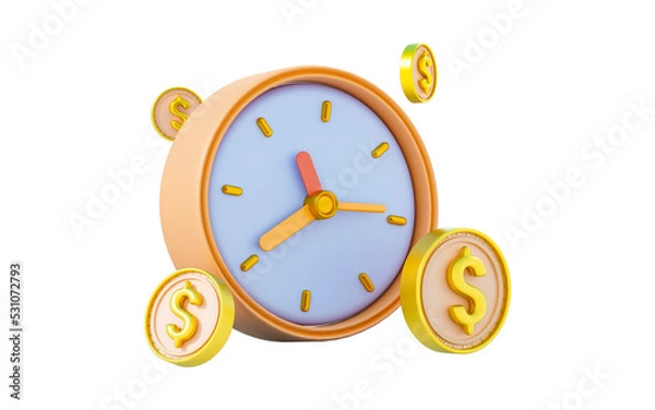 Fototapeta clock with dollar coin sign 3d render concept for time is money profit growth history 