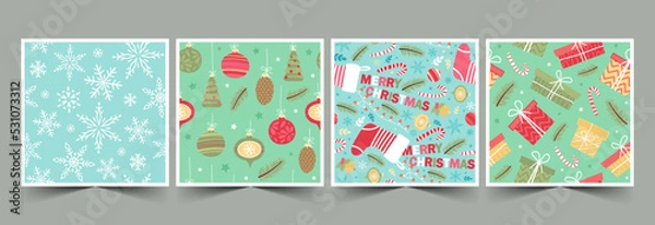 Fototapeta Set of seamless vector patterns for Christmas or New year. Modern flat bright colorful illustrations for wrapping paper, fabrics.