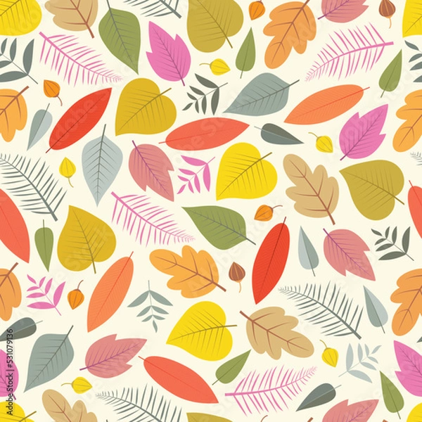 Fototapeta Ornate trendy seamless vector ditsy floral pattern design of exotic autumn color leaves. Artistic vector foliage background for printing and textile