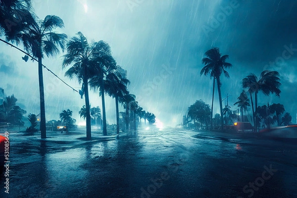 Fototapeta Hurricane also called tornado or typhoon with lightnings and twister in the storm on a city street with palms. Natural disasters in towns caused by the climate change. 3D illustration digital painting
