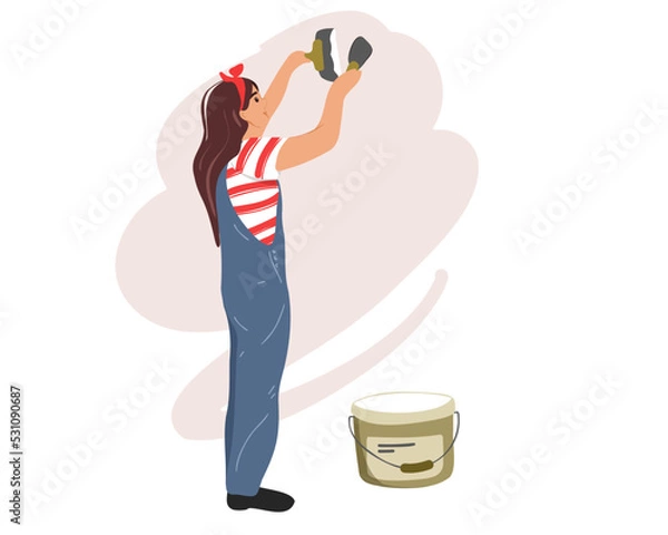 Fototapeta  A young woman plasterer builder at work, takes plaster from a bucket and puts it on a trowel to plaster a wall. House interior renovation. Vector illustration
