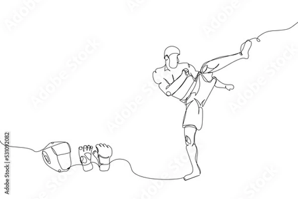 Fototapeta Kickboxer and MMA gloves and helmet set one line art. Continuous line drawing boxing, fight gloves, kicking, battle, MMA, strength, kickboxing, taekwondo, mixed martial arts fighter, sport.