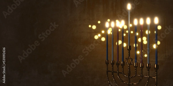 Fototapeta 3d rendering  Low key image of jewish holiday Hanukkah background with menorah (traditional candelabra) and burning candles.
