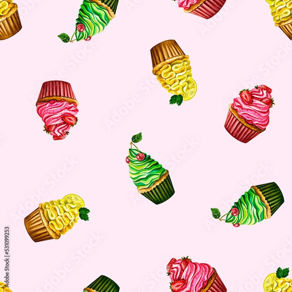 Fototapeta Multi-colored cupcakes with cream. Seamless pattern. Watercolor illustration. For textiles and packaging.
