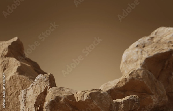 Fototapeta 3D podium stone display on brown background. Beige rock, cosmetic beauty product promotion pedestal with sun shadow. Nature landscape showcase. Abstract minimal studio 3D render