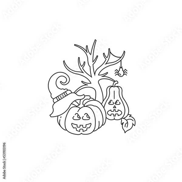 Obraz Happy Halloween vector linear icon. Card. Pumpkins and tree.
