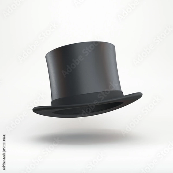 Fototapeta Black top hat with black ribbon floating on a gray background, 3d render
