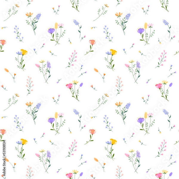 Fototapeta Vector floral seamless pattern. Set of leaves, wildflowers, twigs, floral arrangements. Beautiful compositions of field grass and bright spring flowers on white background.