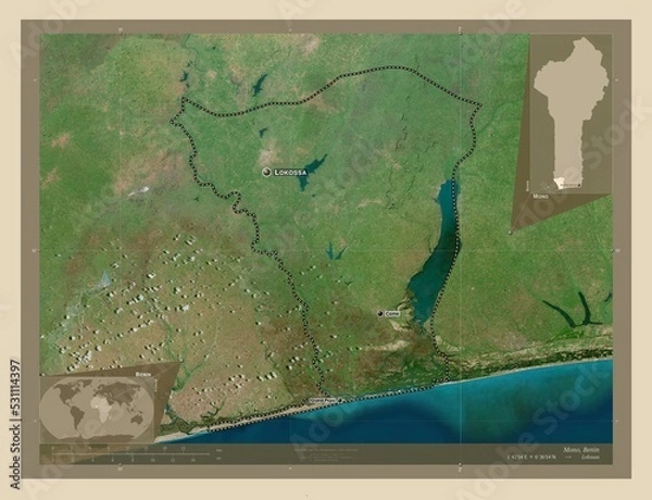 Obraz Mono, Benin. High-res satellite. Labelled points of cities