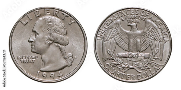 Fototapeta Close-up of a US Quarter dollar 1994, PNG, isolated on transparent background