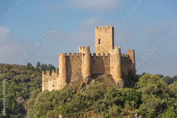 Obraz View at the Castle of Almourol is a medieval castle atop the islet of Almourol in the middle of the Tagus River
