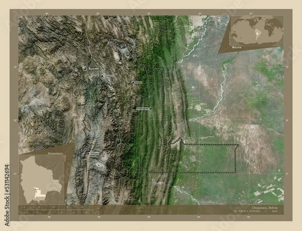 Obraz Chuquisaca, Bolivia. High-res satellite. Labelled points of cities