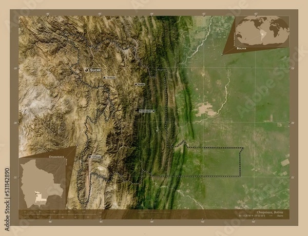 Obraz Chuquisaca, Bolivia. Low-res satellite. Labelled points of cities