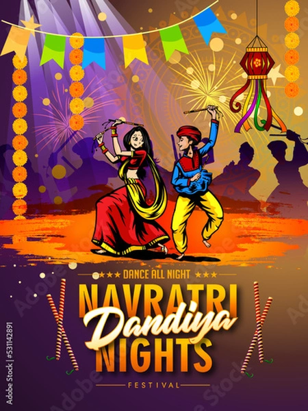 Fototapeta Vector design of Indian couple playing Garba in Dandiya Night Navratri Dussehra festival of India