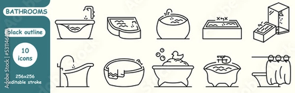 Obraz set of linear icons "bathrooms". black outline. icon set: corner bathtub, corner bathtub, duck and foam bathtub and others. browser icons.