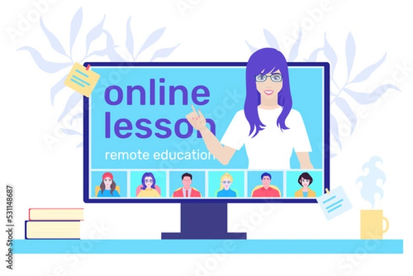 Fototapeta A female teacher leads an online course on a computer. Distance lessons for school pupils or university students. Video course, web seminar, internet class, personal teacher for home education.