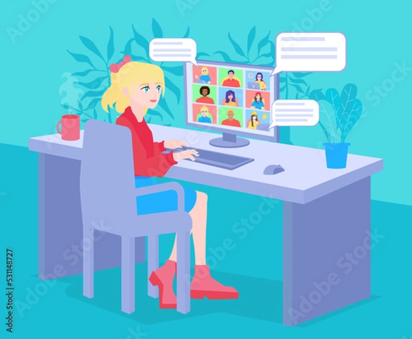 Fototapeta Modern education online remotely concept. Cheerful young girl student sitting at the computer on online lessons. Speak with teacher. Vector cartoon illustration.